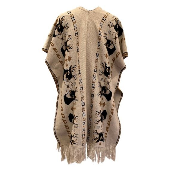 Vintage Bohemian Mexican knit blanket poncho with deer/buck design. One size - Picture 2 of 6